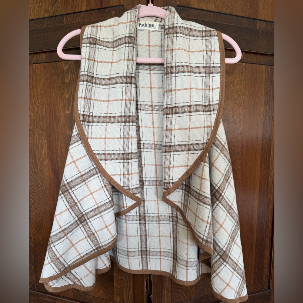 Plaid Wool Blend Cabincore Drape Vest Waterfall Open Front Medium
